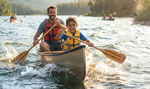 father and son on a boat